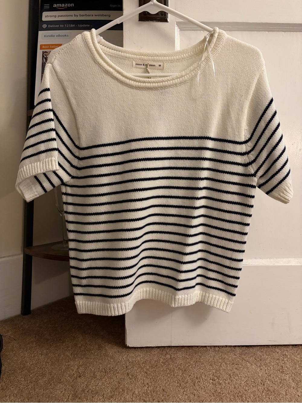 moon & madison Cream and Black Striped Short-Sleeve Crew Sweater